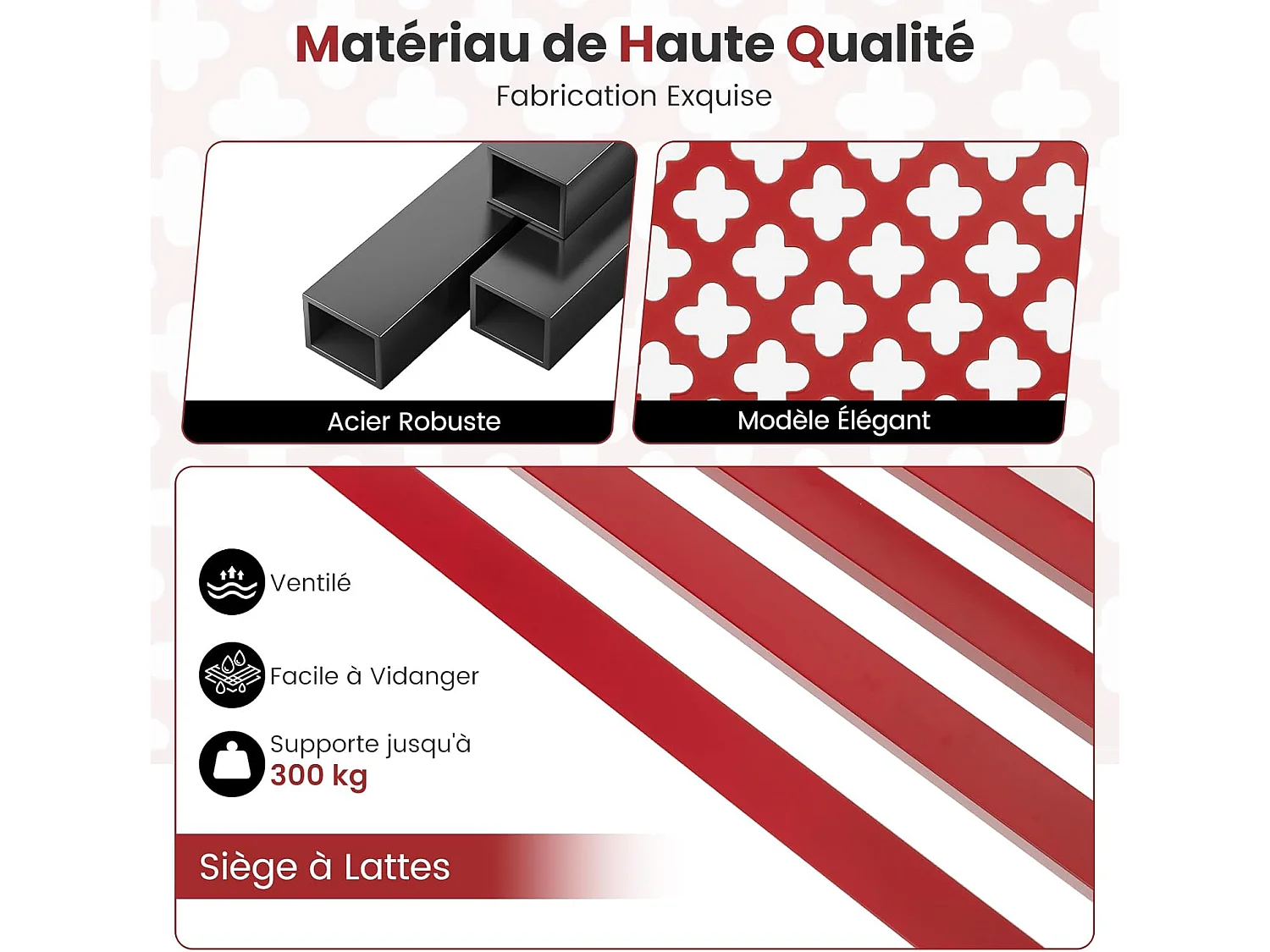 Banc de Jardin à 2 Places, Banc d'Extérieur avec Cadre en Acier et Accoudoirs Incurvé, Chaise de Patio avec Dossier Ajouré & Siège à Lattes, Charge 300 KG (Rouge)