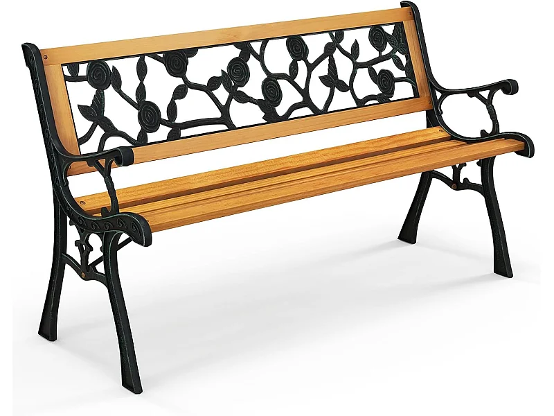 Banc de Jardin, Banc Extérieur en Bois, Banquette Jardin 3 Personnes avec Accoudoirs, Cadre en Métal Moulé, Motif de Fleur, Dossier en Plastique (Classique)