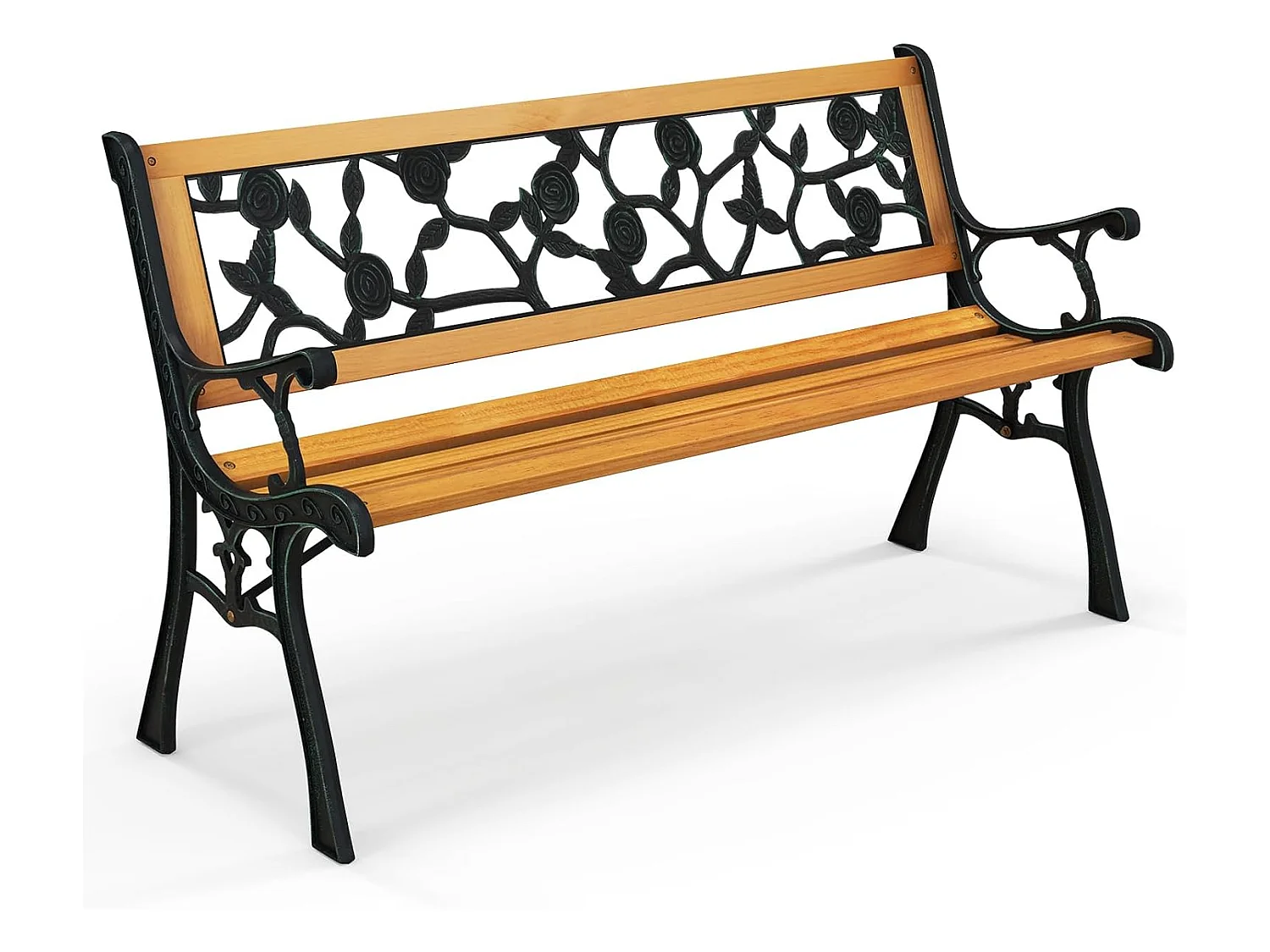 Banc de Jardin, Banc Extérieur en Bois, Banquette Jardin 3 Personnes avec Accoudoirs, Cadre en Métal Moulé, Motif de Fleur, Dossier en Plastique (Classique)