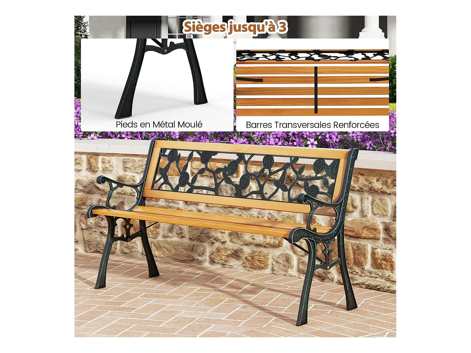 Banc de Jardin, Banc Extérieur en Bois, Banquette Jardin 3 Personnes avec Accoudoirs, Cadre en Métal Moulé, Motif de Fleur, Dossier en Plastique (Classique)