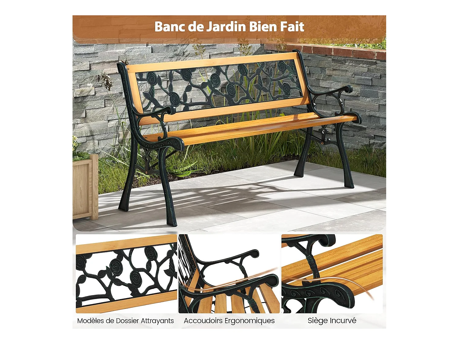 Banc de Jardin, Banc Extérieur en Bois, Banquette Jardin 3 Personnes avec Accoudoirs, Cadre en Métal Moulé, Motif de Fleur, Dossier en Plastique (Classique)