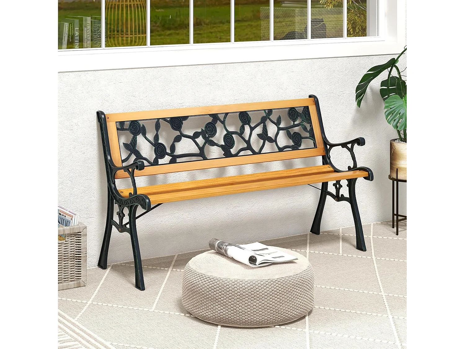 Tuinbank, weerbestendig, 2-zits, met armleuningen en rugleuning, balkonbank, houten bank, parkeerbank voor tuin, balkon, terras, 126 x 52 x 74 cm
