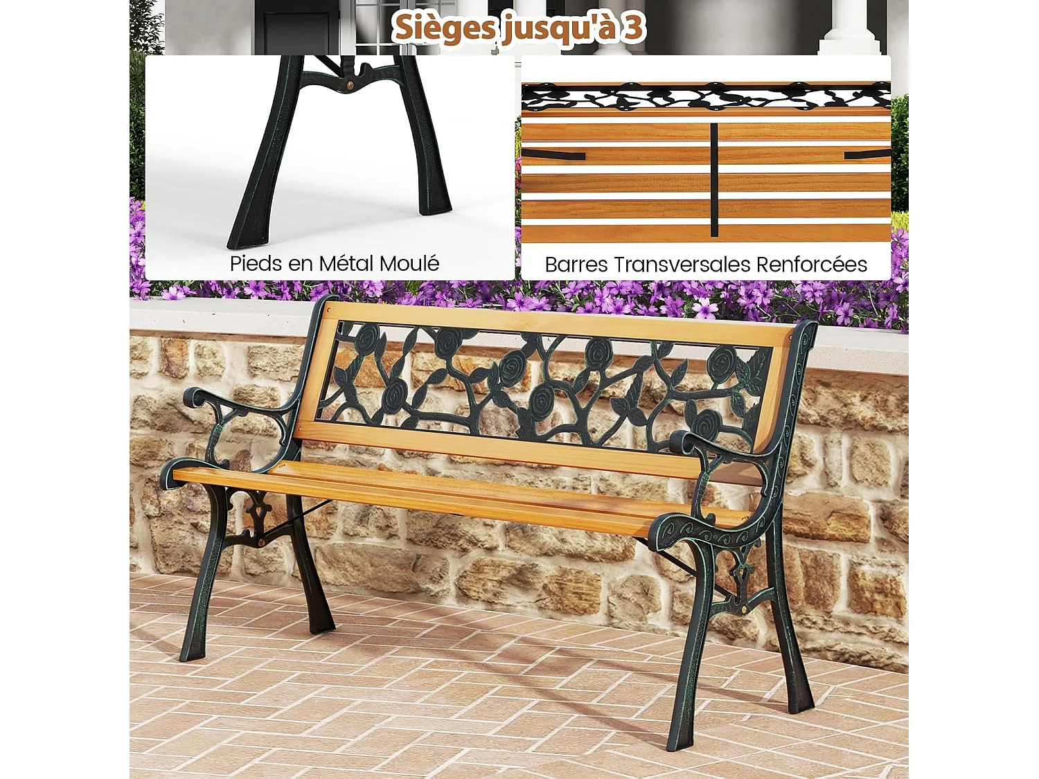 Tuinbank, weerbestendig, 2-zits, met armleuningen en rugleuning, balkonbank, houten bank, parkeerbank voor tuin, balkon, terras, 126 x 52 x 74 cm