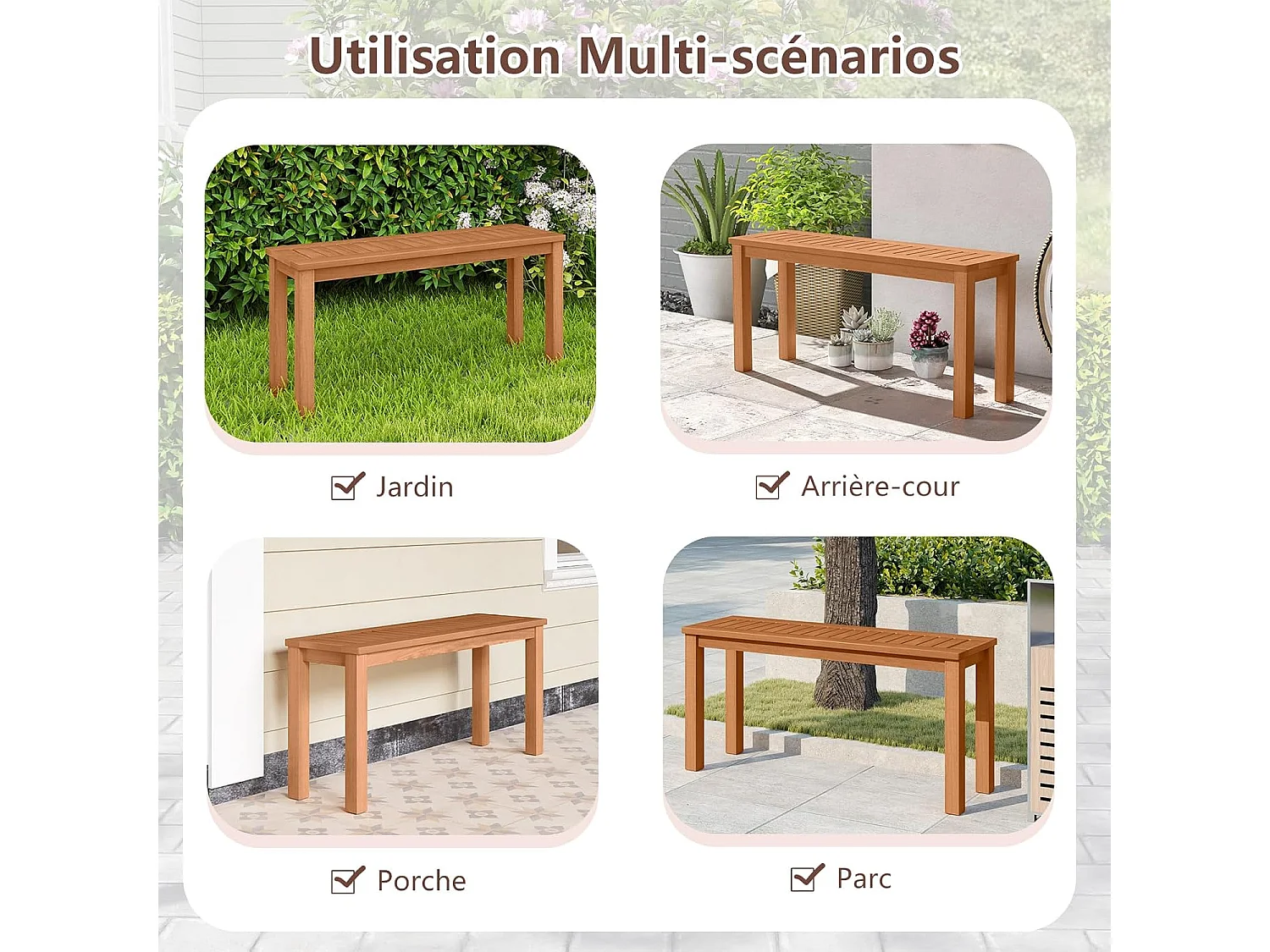 Banc de Jardin en Bois 2 Places, Siège à Lattes, Banc Exterieur Jardin, Finition à l'huile de Teck, pour Jardin Porche Entrée, 100 x 30 x 47 cm, Charge 150 kg
