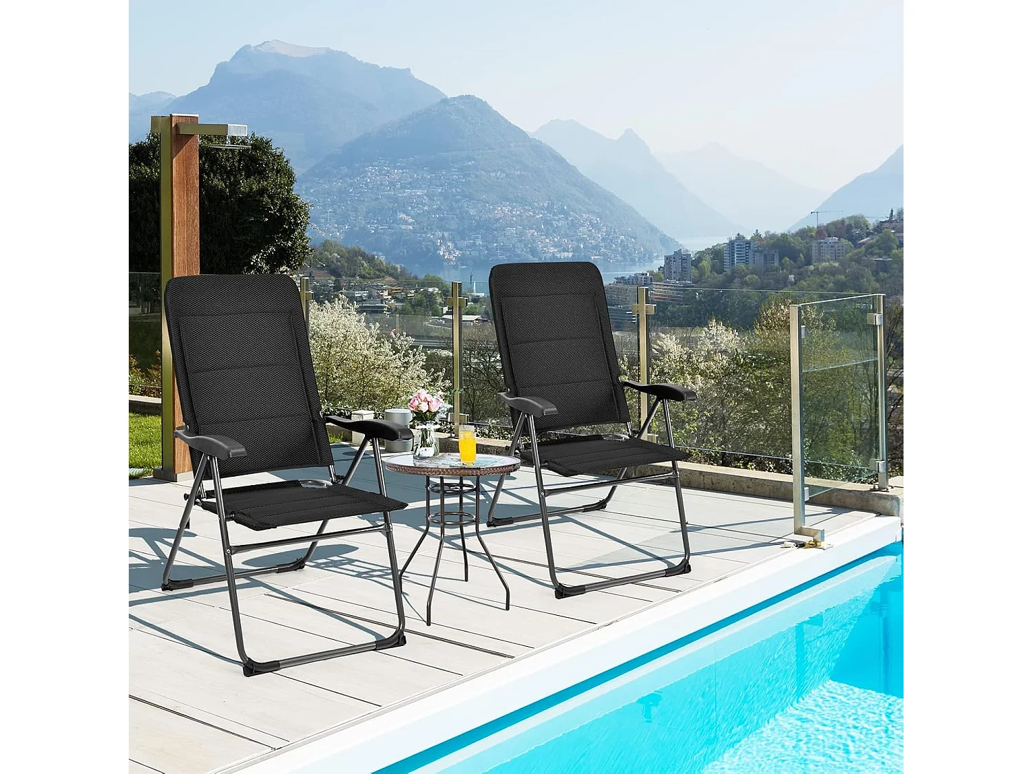 Chaise Pliante Exterieur Lot de 2, Fauteuil de Jardin Exterieur avec Accoudoirs, Dossier Haut Réglable à 7 Positions, Chaise de Jardin Pliante en Tissu Oxford, Noir