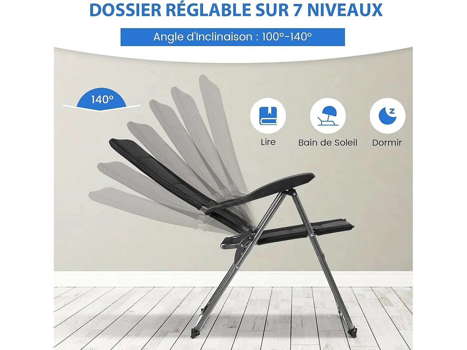 Chaise Pliante Exterieur Lot de 2, Fauteuil de Jardin Exterieur avec Accoudoirs, Dossier Haut Réglable à 7 Positions, Chaise de Jardin Pliante en Tissu Oxford, Noir