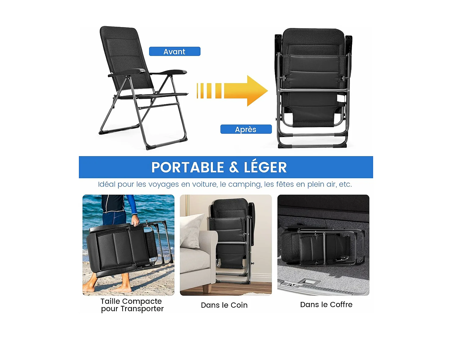 Chaise Pliante Exterieur Lot de 2, Fauteuil de Jardin Exterieur avec Accoudoirs, Dossier Haut Réglable à 7 Positions, Chaise de Jardin Pliante en Tissu Oxford, Noir