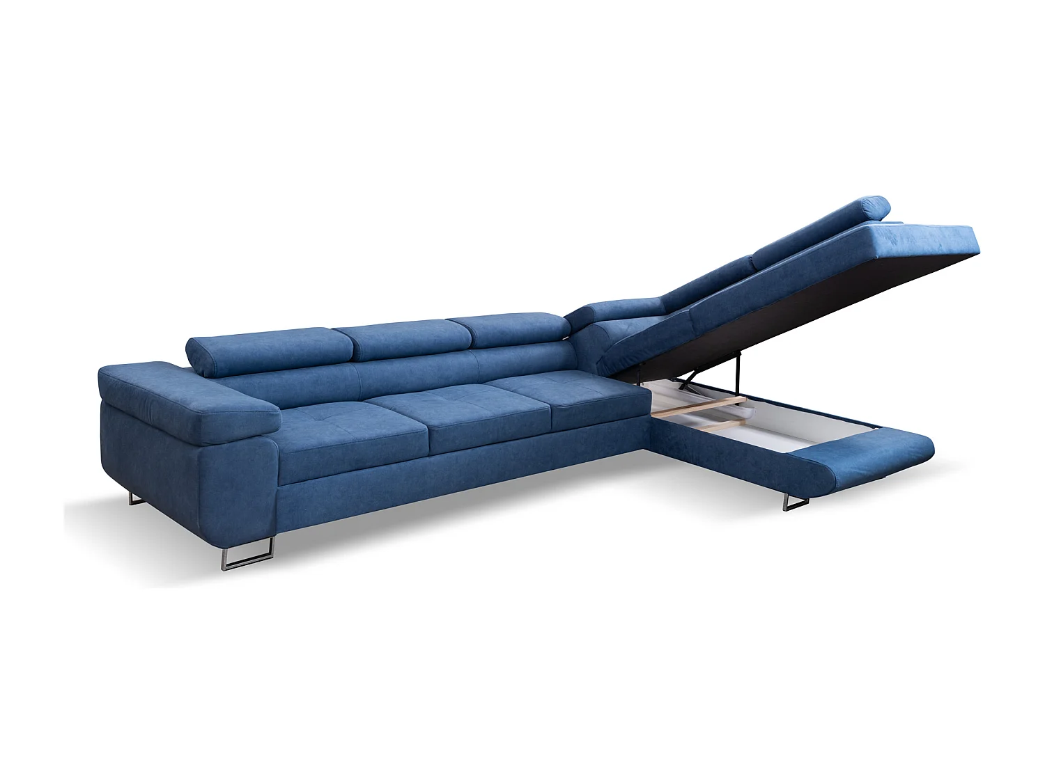 Ecksofa Marlene IV L-Form rechts links mit verstellbaren Kopfstützen Schlaffunktion Bettkasten 347 x 202 cm rechts, blau