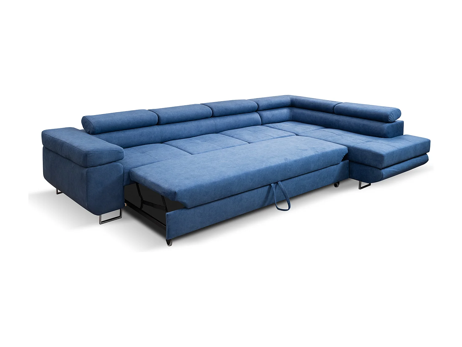 Ecksofa Marlene IV L-Form rechts links mit verstellbaren Kopfstützen Schlaffunktion Bettkasten 347 x 202 cm rechts, blau