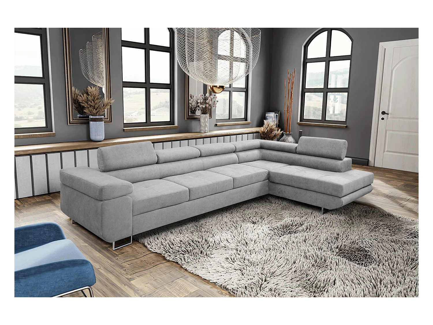 Ecksofa Marlene IV L-Form mit verstellbaren Kopfstützen Schlaffunktion Bettkasten 347 cm rechts (Farbe: hellgrau Vena 17)