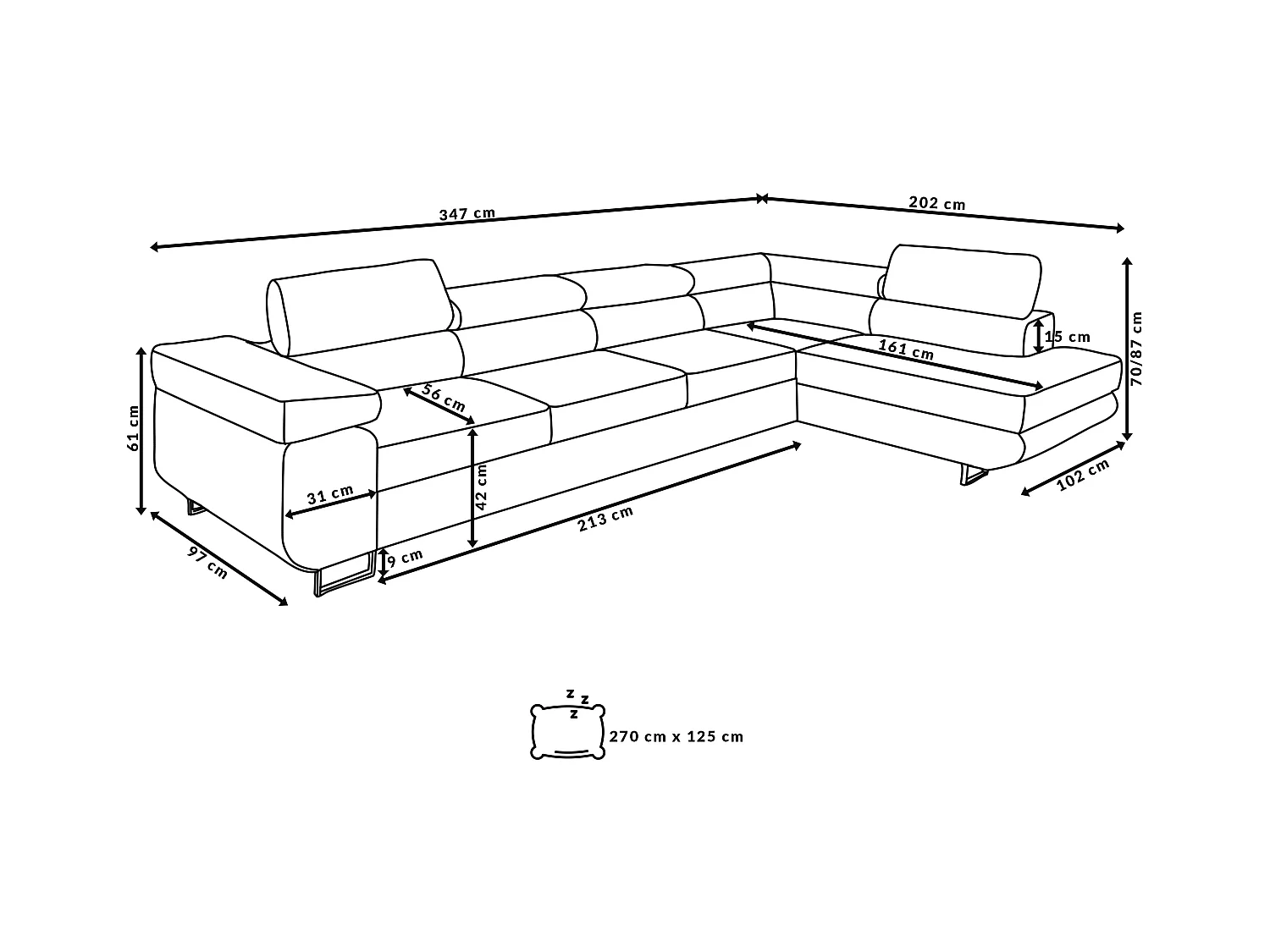 Ecksofa Marlene IV L-Form mit verstellbaren Kopfstützen Schlaffunktion Bettkasten 347 cm rechts (Farbe: hellgrau Vena 17)