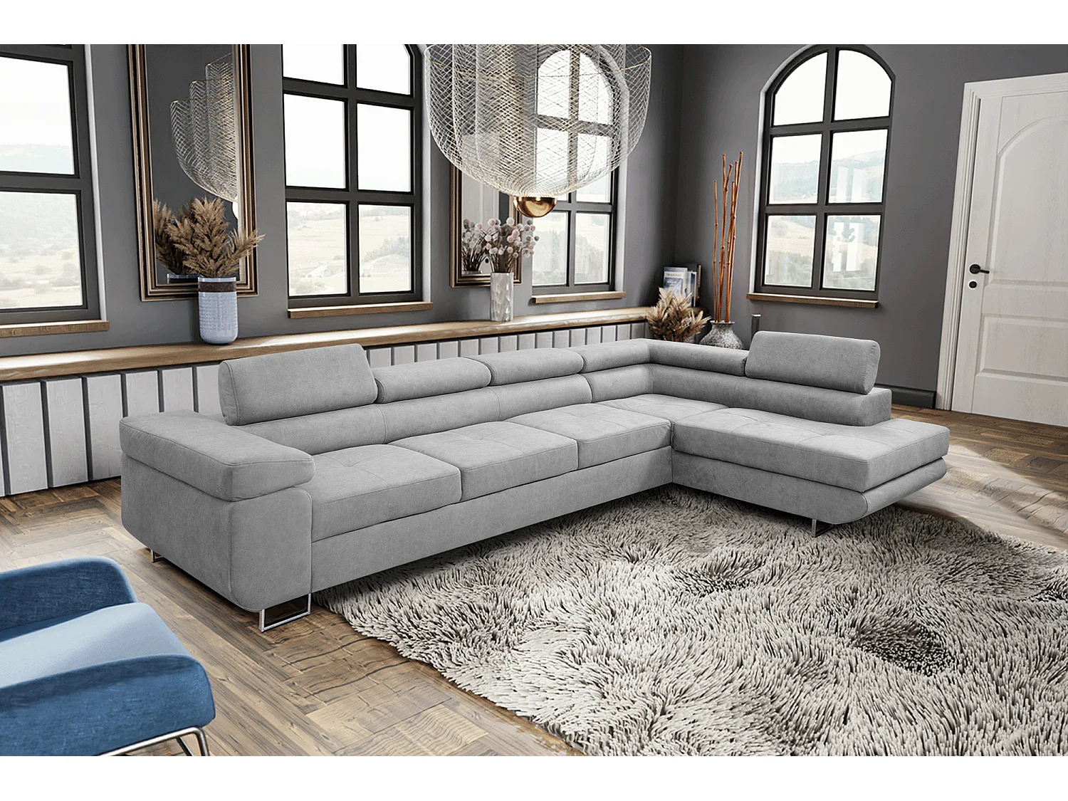 Ecksofa Marlene IV L-Form mit verstellbaren Kopfstützen Schlaffunktion Bettkasten 347 cm rechts (Farbe: hellgrau Vena 17)