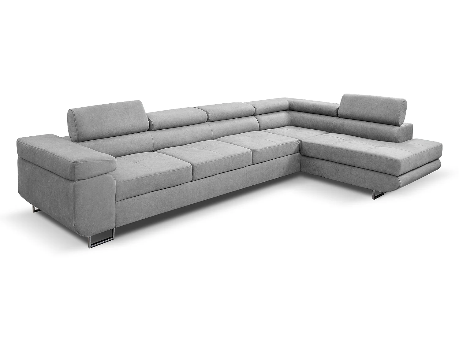 Canapé d'angle en L Marlene IV avec appuie-têtes réglables et fonction couchage, coffre de lit, 347 x 202 cm, droite, gris clair