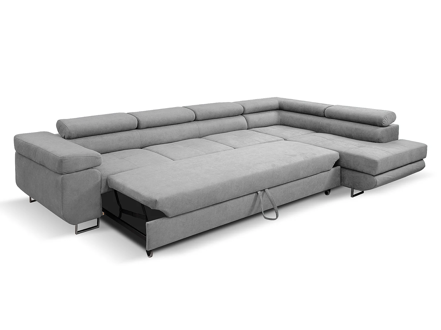 Canapé d'angle en L Marlene IV avec appuie-têtes réglables et fonction couchage, coffre de lit, 347 x 202 cm, droite, gris clair