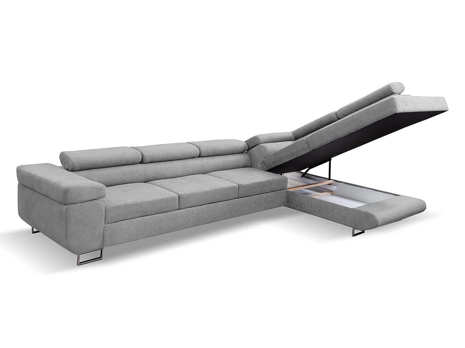 Canapé d'angle en L Marlene IV avec appuie-têtes réglables et fonction couchage, coffre de lit, 347 x 202 cm, droite, gris clair