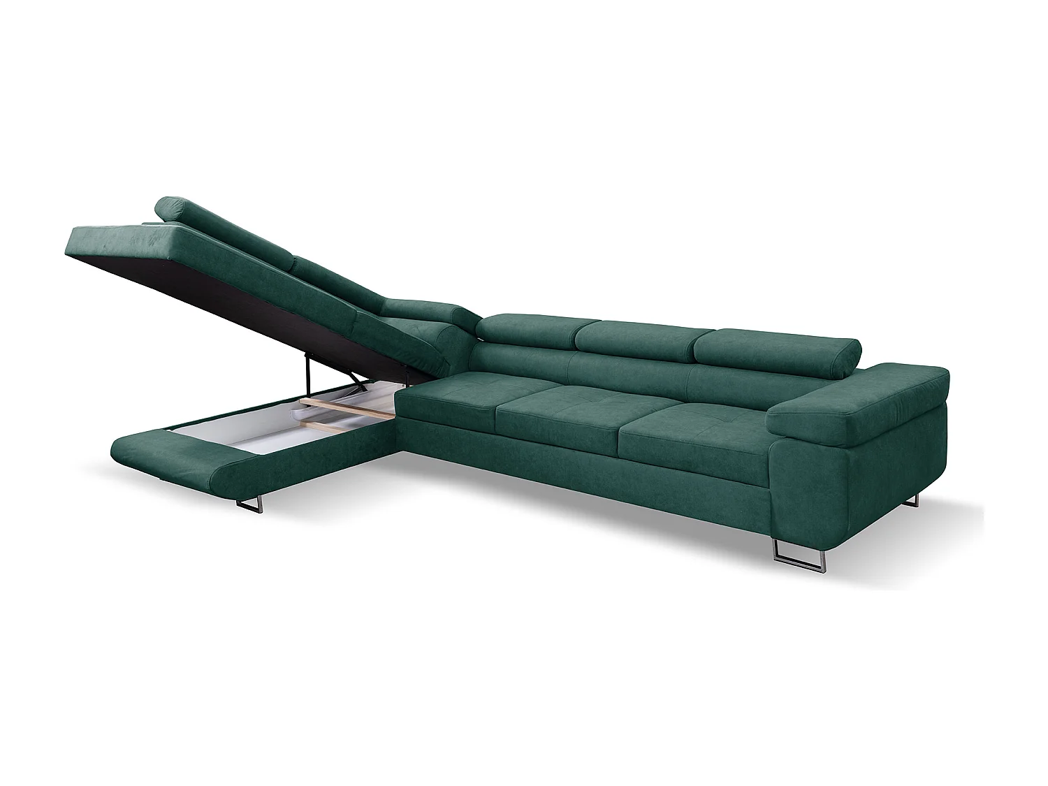 Ecksofa Marlene IV L-Form mit verstellbaren Kopfstützen Schlaffunktion Bettkasten 347 cm Lieferung bis in die Wohnung Wohnzimmer links (Farbe: grün Vena 16)