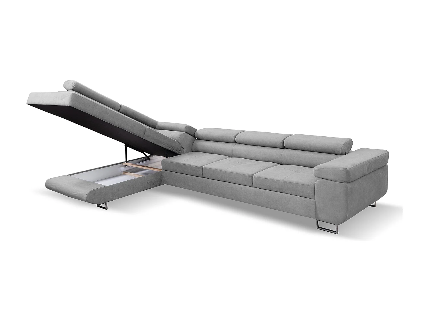 Ecksofa Marlene IV L-Form mit verstellbaren Kopfstützen Schlaffunktion Bettkasten 347 cm Lieferung bis in die Wohnung Wohnzimmer links (Farbe: hellgrau Vena 17)
