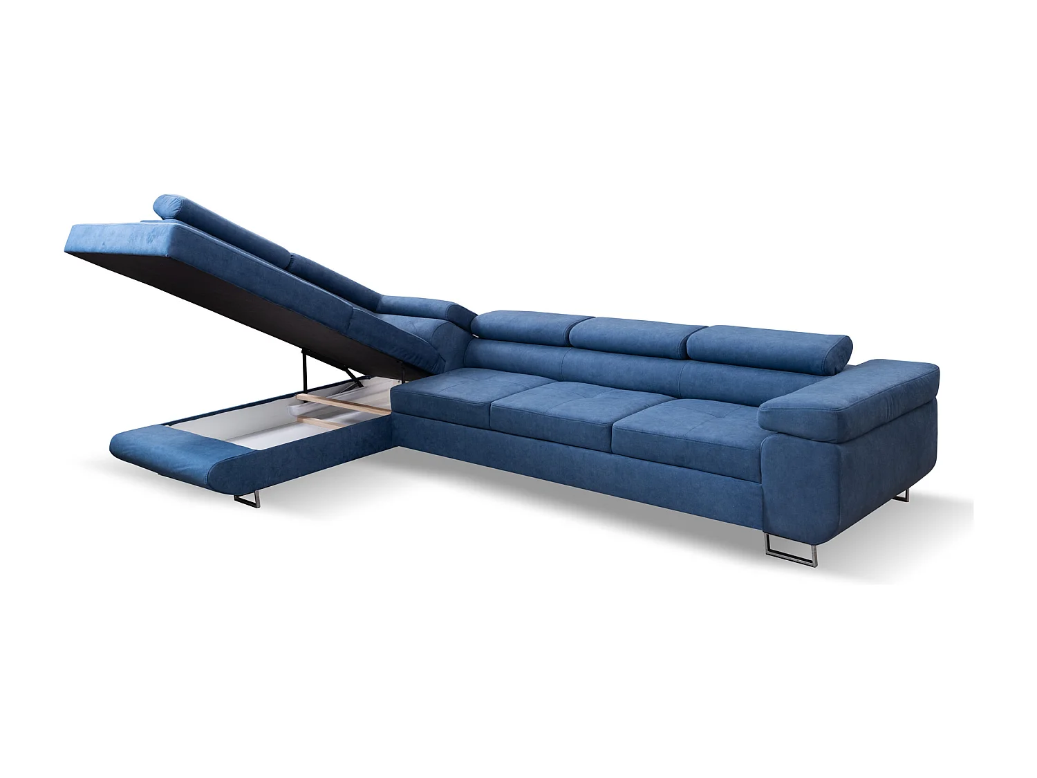Ecksofa Marlene IV L-Form mit verstellbaren Kopfstützen Schlaffunktion Bettkasten 347 cm Lieferung bis in die Wohnung Wohnzimmer links (Farbe: blau Vena 12)