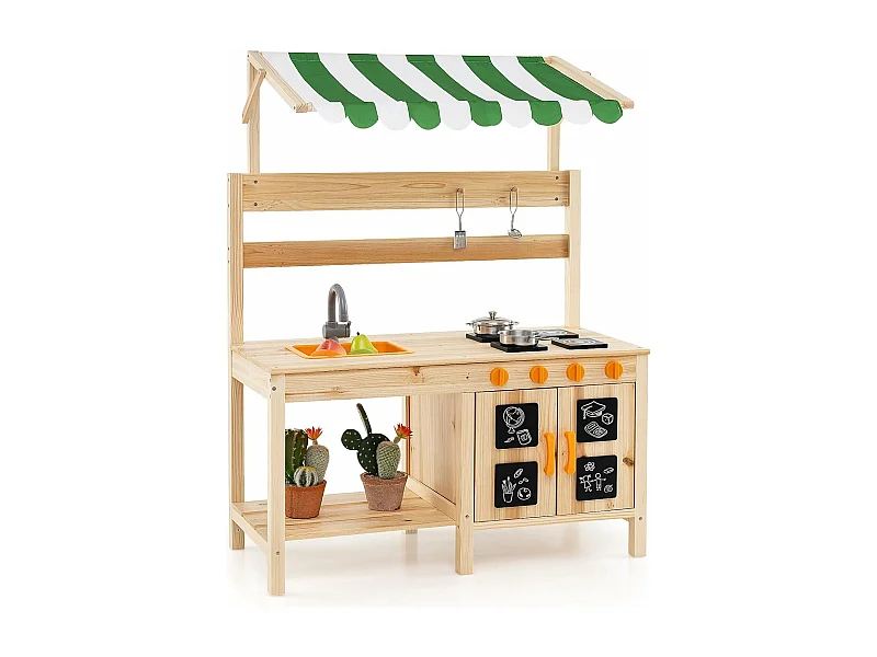 Buitenkeuken voor kinderen met krijtbord en luifel, speelset van dennenhout met 4 accessoires, draaiknoppen en plank, modderkeuken voor kinderen vanaf 3 jaar