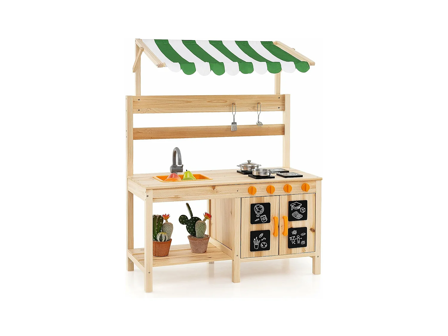 Cuisine Enfant Extérieure avec Tableau Noir & Auvent, Jeu de Cuisine en Bois de Sapin avec 4 Accessoires, Boutons Rotatifs & Étagère, Cuisine de Boue pour 3 Ans+