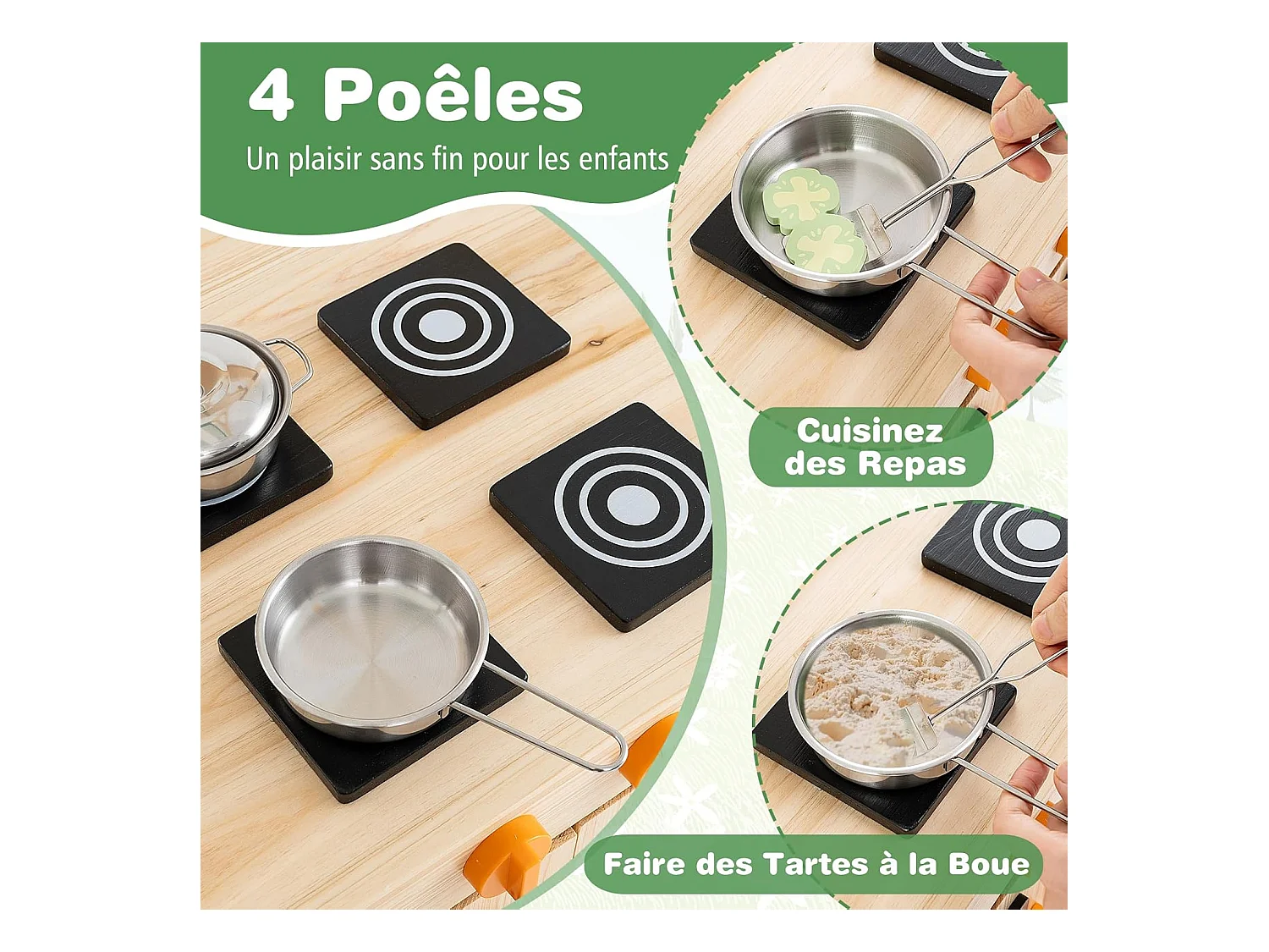 Cuisine Enfant Extérieure avec Tableau Noir & Auvent, Jeu de Cuisine en Bois de Sapin avec 4 Accessoires, Boutons Rotatifs & Étagère, Cuisine de Boue pour 3 Ans+