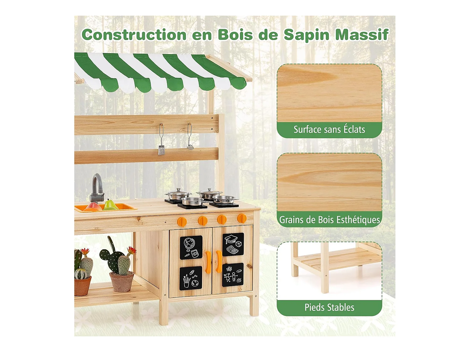 Cuisine Enfant Extérieure avec Tableau Noir & Auvent, Jeu de Cuisine en Bois de Sapin avec 4 Accessoires, Boutons Rotatifs & Étagère, Cuisine de Boue pour 3 Ans+