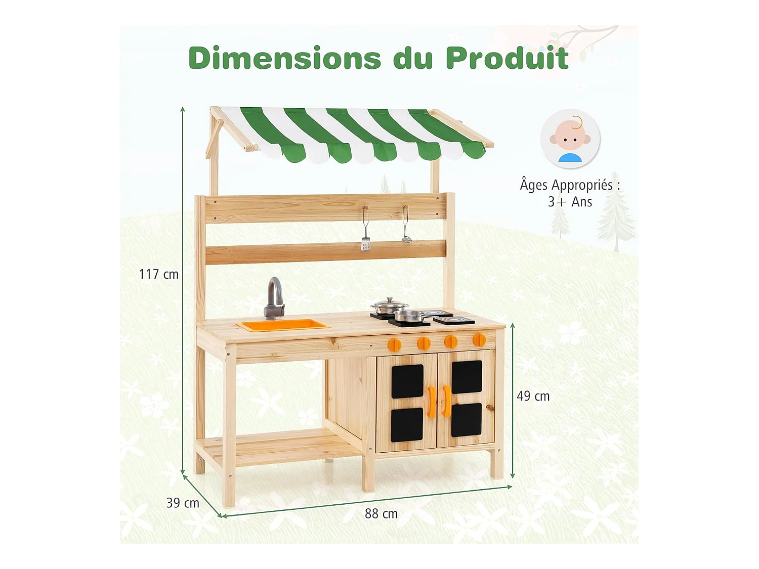 Cuisine Enfant Extérieure avec Tableau Noir & Auvent, Jeu de Cuisine en Bois de Sapin avec 4 Accessoires, Boutons Rotatifs & Étagère, Cuisine de Boue pour 3 Ans+
