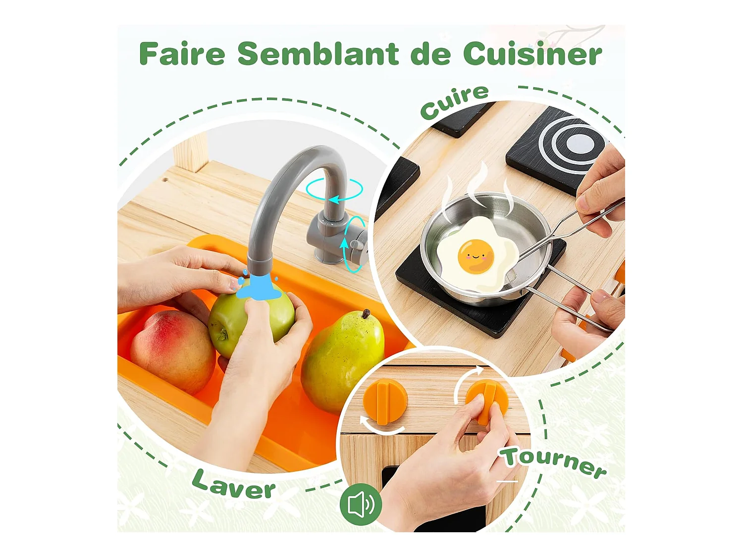 Cuisine Enfant Extérieure avec Tableau Noir & Auvent, Jeu de Cuisine en Bois de Sapin avec 4 Accessoires, Boutons Rotatifs & Étagère, Cuisine de Boue pour 3 Ans+