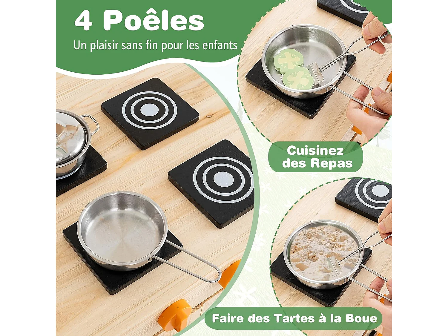 Cuisine Enfant Extérieure avec Tableau Noir & Auvent, Jeu de Cuisine en Bois de Sapin avec 4 Accessoires, Boutons Rotatifs & Étagère, Cuisine de Boue pour 3 Ans+