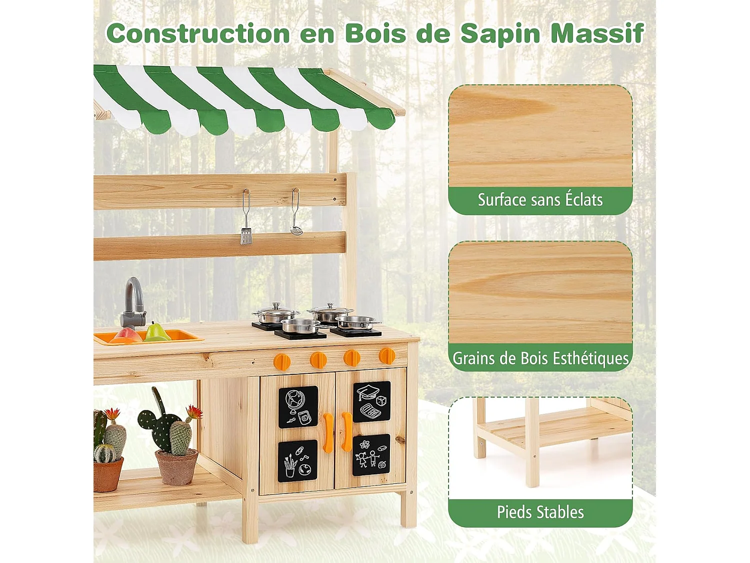 Cuisine Enfant Extérieure avec Tableau Noir & Auvent, Jeu de Cuisine en Bois de Sapin avec 4 Accessoires, Boutons Rotatifs & Étagère, Cuisine de Boue pour 3 Ans+
