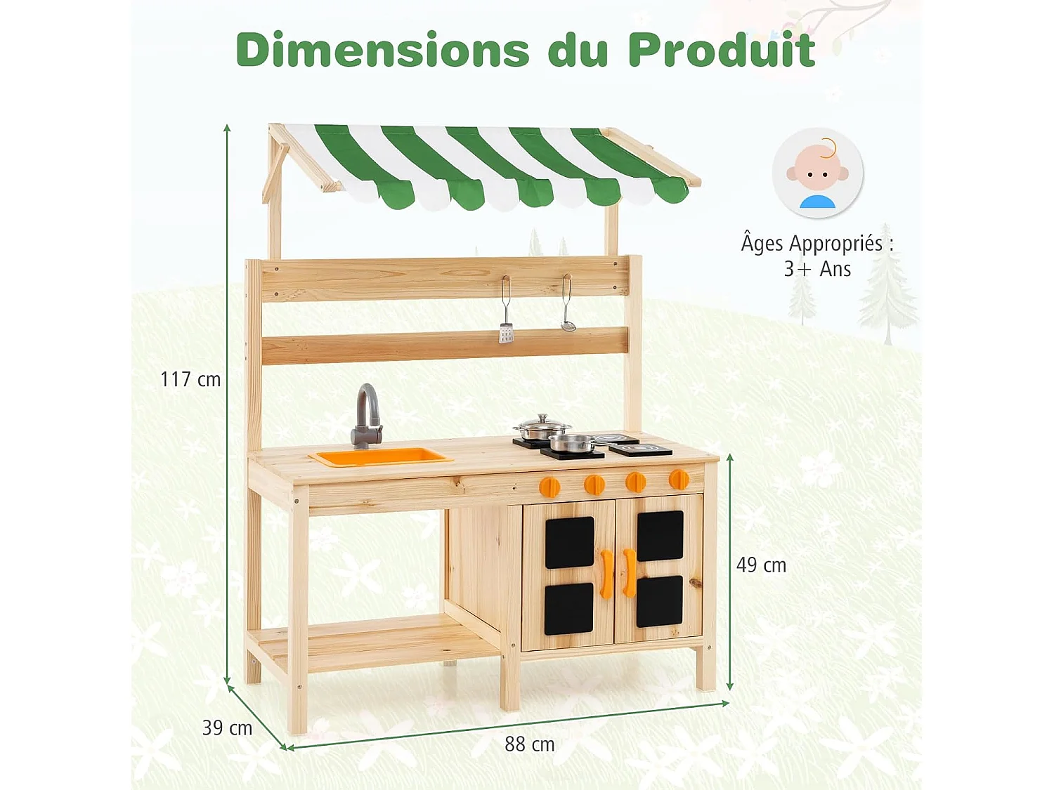 Cuisine Enfant Extérieure avec Tableau Noir & Auvent, Jeu de Cuisine en Bois de Sapin avec 4 Accessoires, Boutons Rotatifs & Étagère, Cuisine de Boue pour 3 Ans+