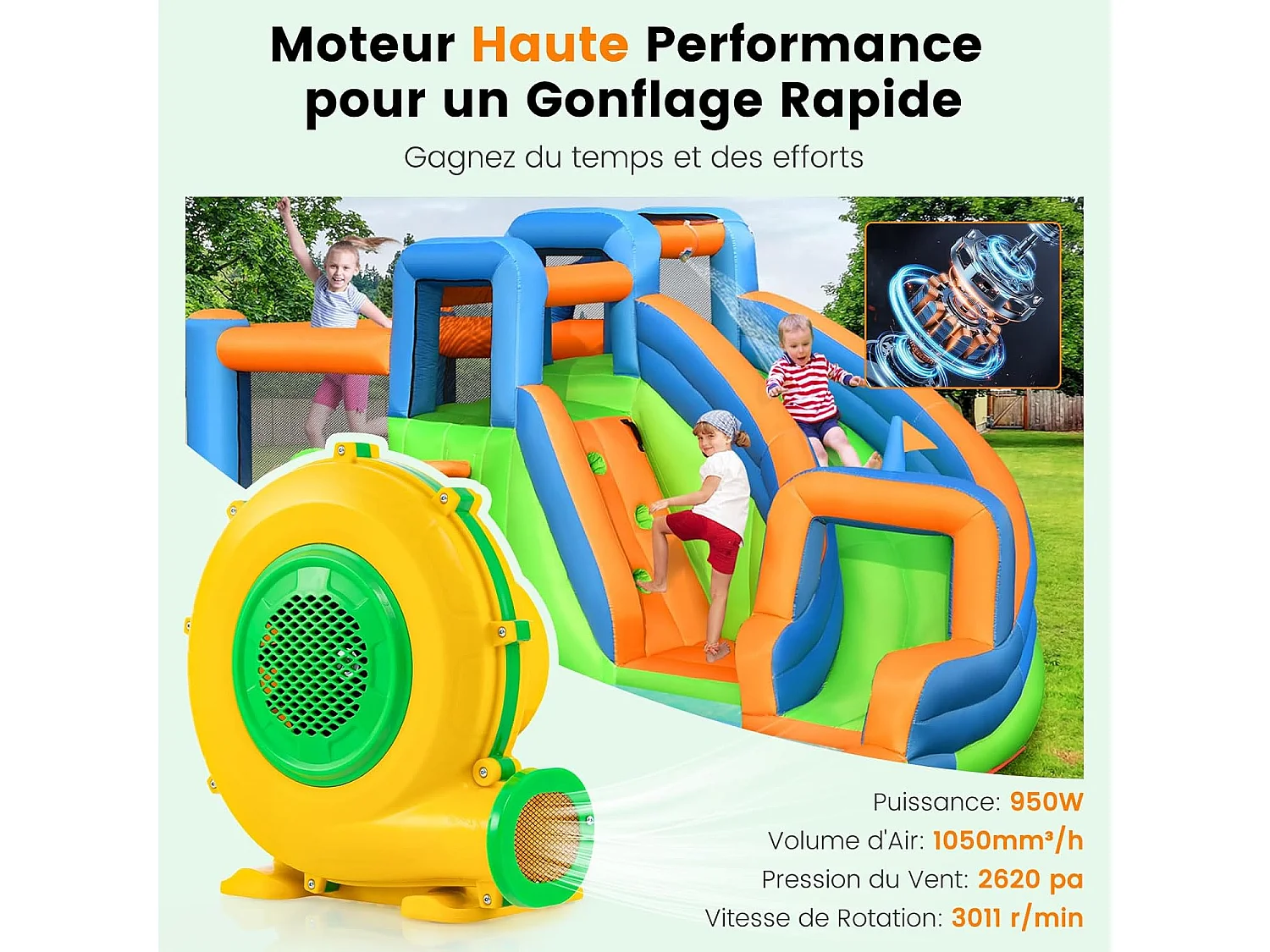 Gonfleur Électrique 950W avec Poignée Pratique & Piquets de Sol, Pompe à Air Électrique avec Cordon 4M, Souffleur d'air pour Château Gonflable & Toboggan (950W)