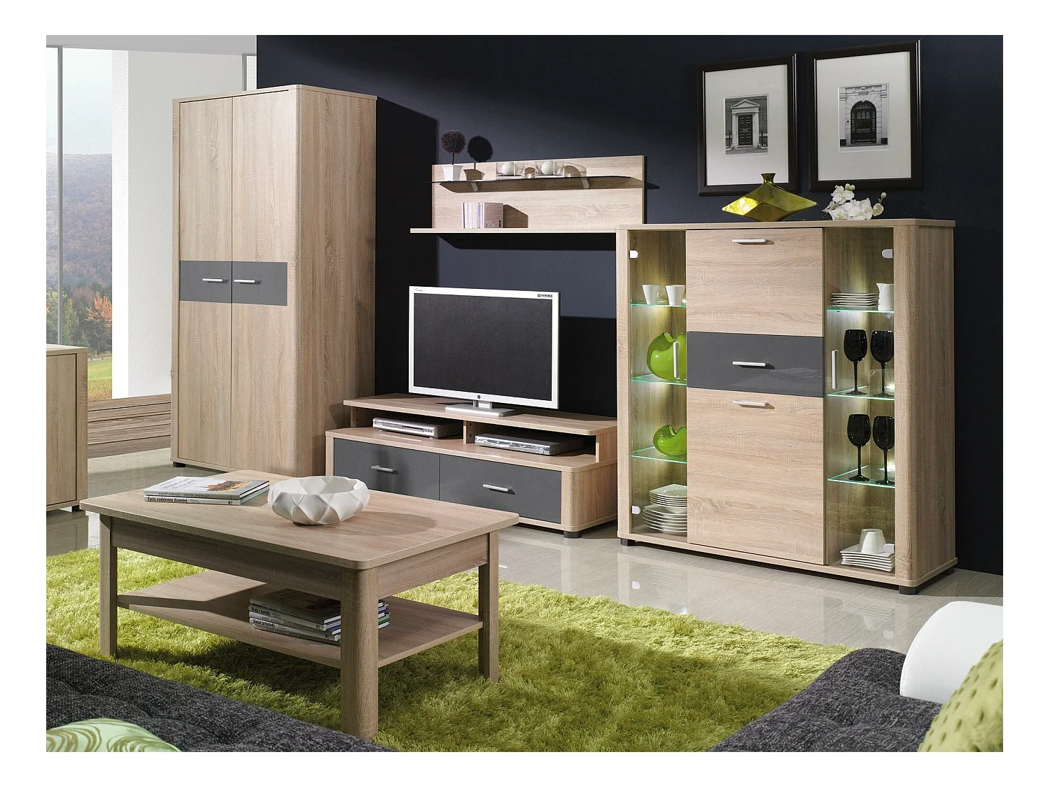 Meuble TV Melsali 104, Sonoma chêne|Graphite, 153x44x52cm