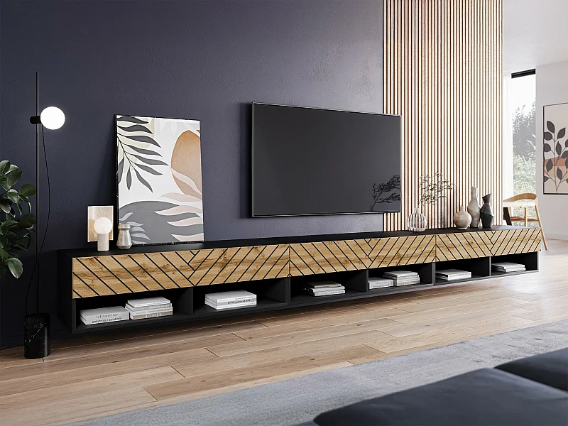 Meuble TV Sarasota 189, Chêne wotan|Graphite, 300x32x33cm