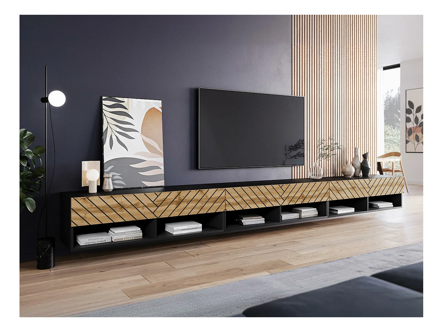 Meuble TV Sarasota 189, Chêne wotan|Graphite, 300x32x33cm