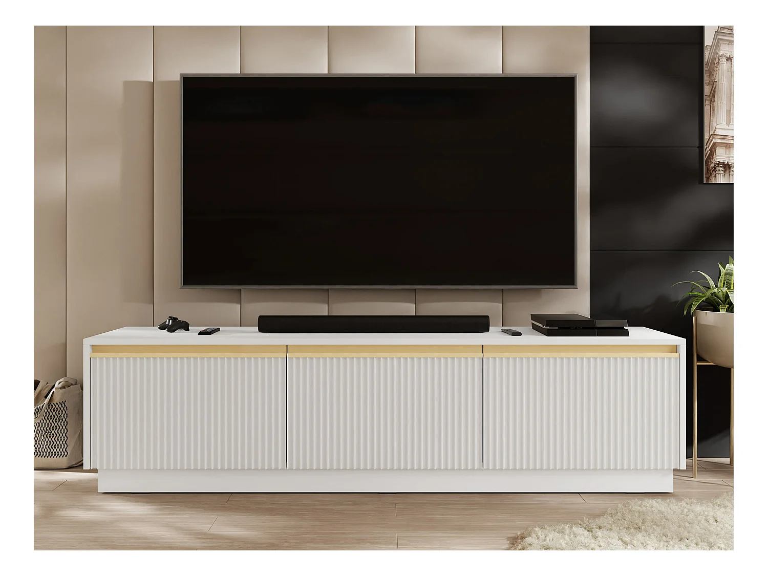 Meuble TV Sorbela 103, Doré|Blanc, 182x42x39cm