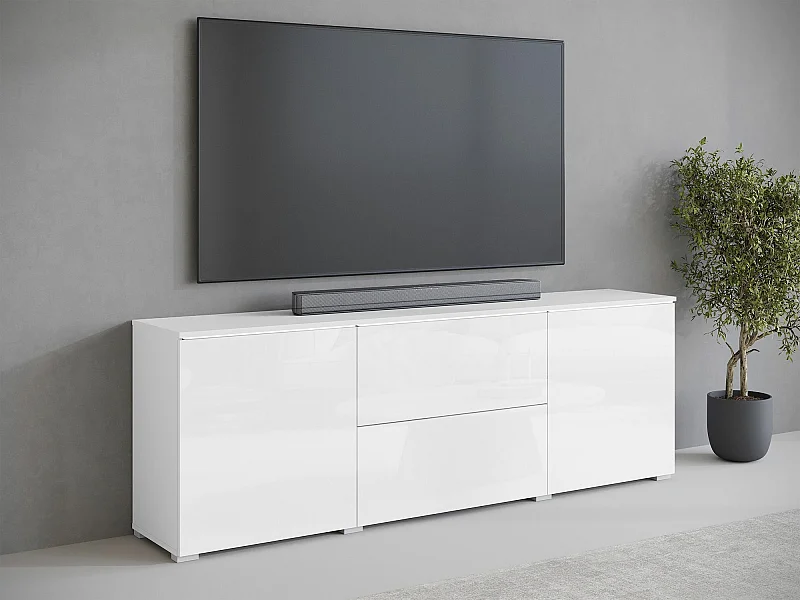 Meuble TV Sarasota 190, Blanc|Blanc brillant, 180x62x35cm