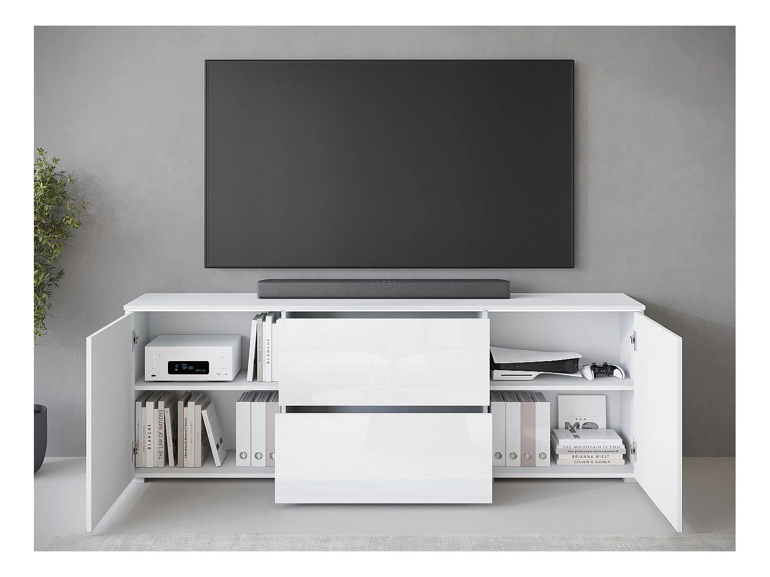 Meuble TV Sarasota 190, Blanc|Blanc brillant, 180x62x35cm