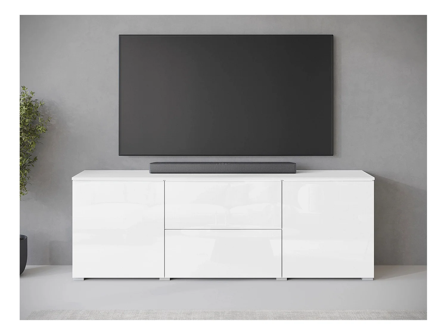 Meuble TV Sarasota 190, Blanc|Blanc brillant, 180x62x35cm
