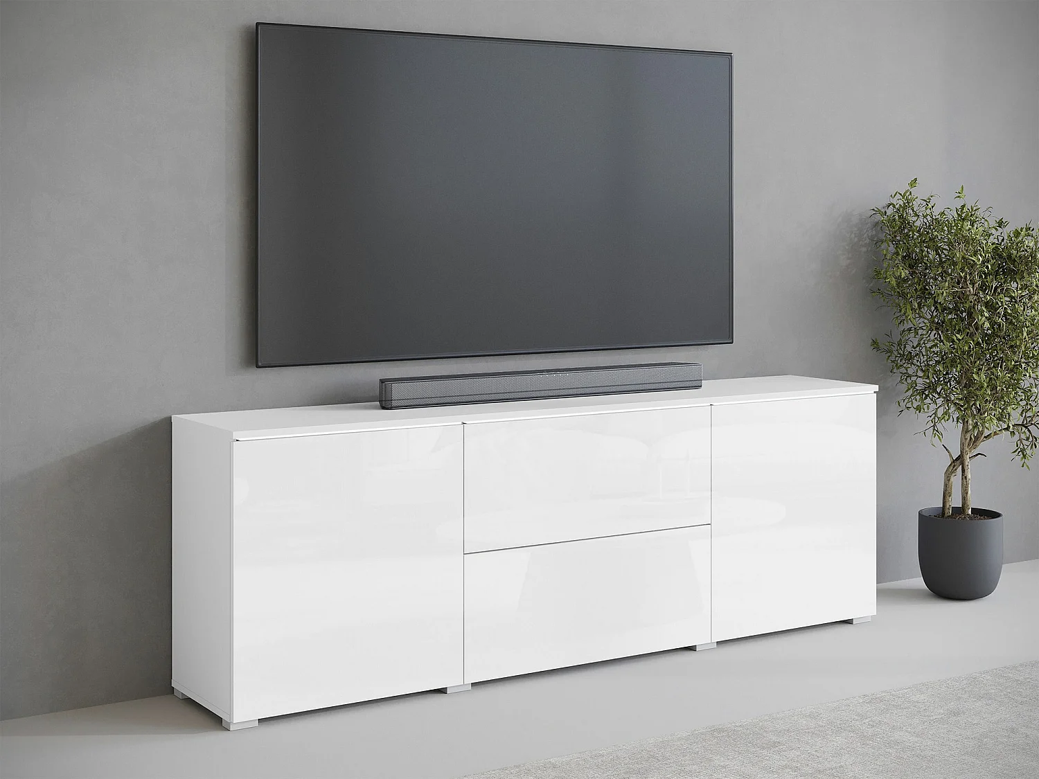 Meuble TV Sarasota 190, Blanc|Blanc brillant, 180x62x35cm