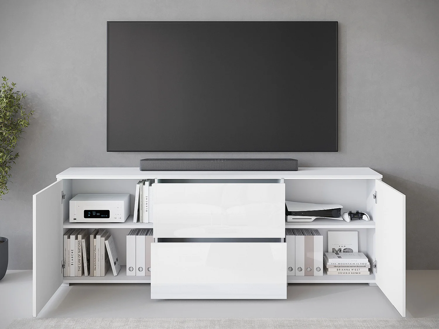 Meuble TV Sarasota 190, Blanc|Blanc brillant, 180x62x35cm
