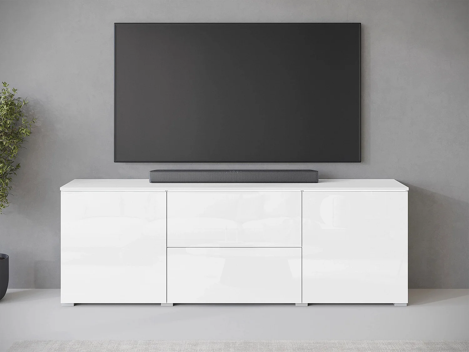 Meuble TV Sarasota 190, Blanc|Blanc brillant, 180x62x35cm