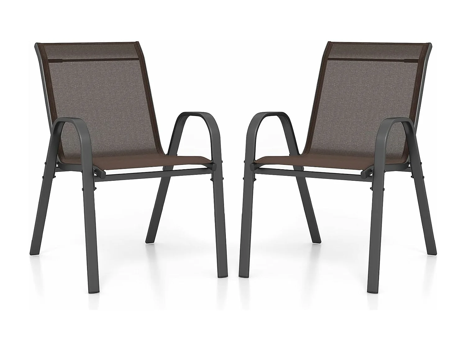 Set van 2 tuinstoelen voor buiten met metalen frame, stapelbare, ademende stoffen eetkamerstoel, tuinfauteuil, draagvermogen 150 kg (bruin, 2 stuks)