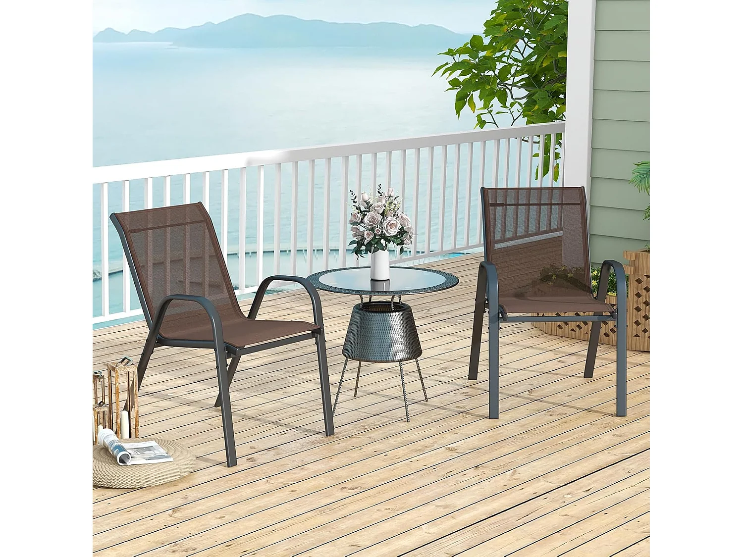 Set van 2 tuinstoelen voor buiten met metalen frame, stapelbare, ademende stoffen eetkamerstoel, tuinfauteuil, draagvermogen 150 kg (bruin, 2 stuks)