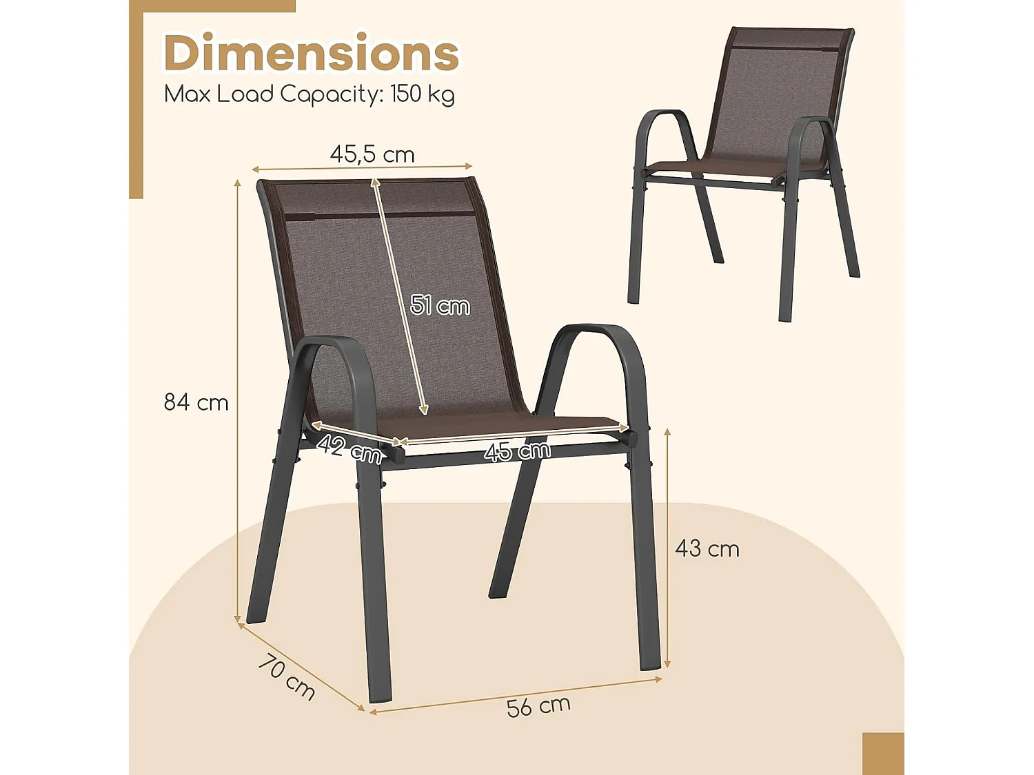 Set van 2 tuinstoelen voor buiten met metalen frame, stapelbare, ademende stoffen eetkamerstoel, tuinfauteuil, draagvermogen 150 kg (bruin, 2 stuks)