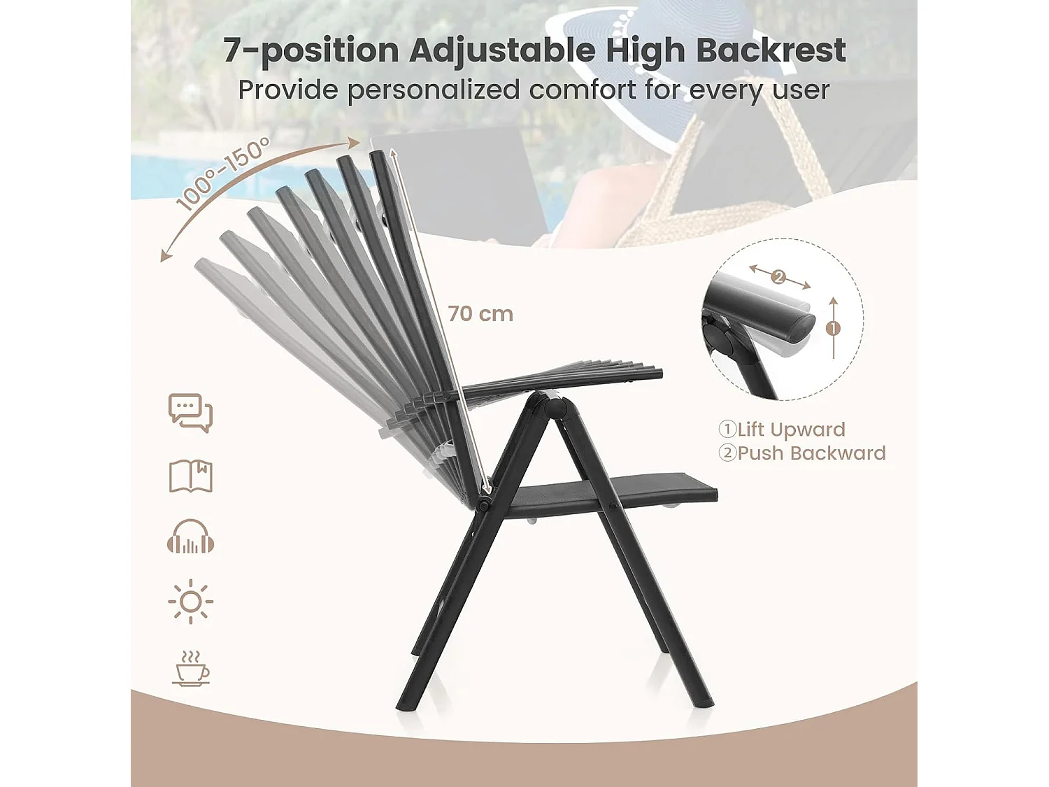 Chaise de Jardin Pliante avec Cadre Métallique, Fauteuil d’Extérieur avec Dossier Réglable sur 7 Positions, Chaise de Salle à Manger, Charge 180 KG (Noir,1)