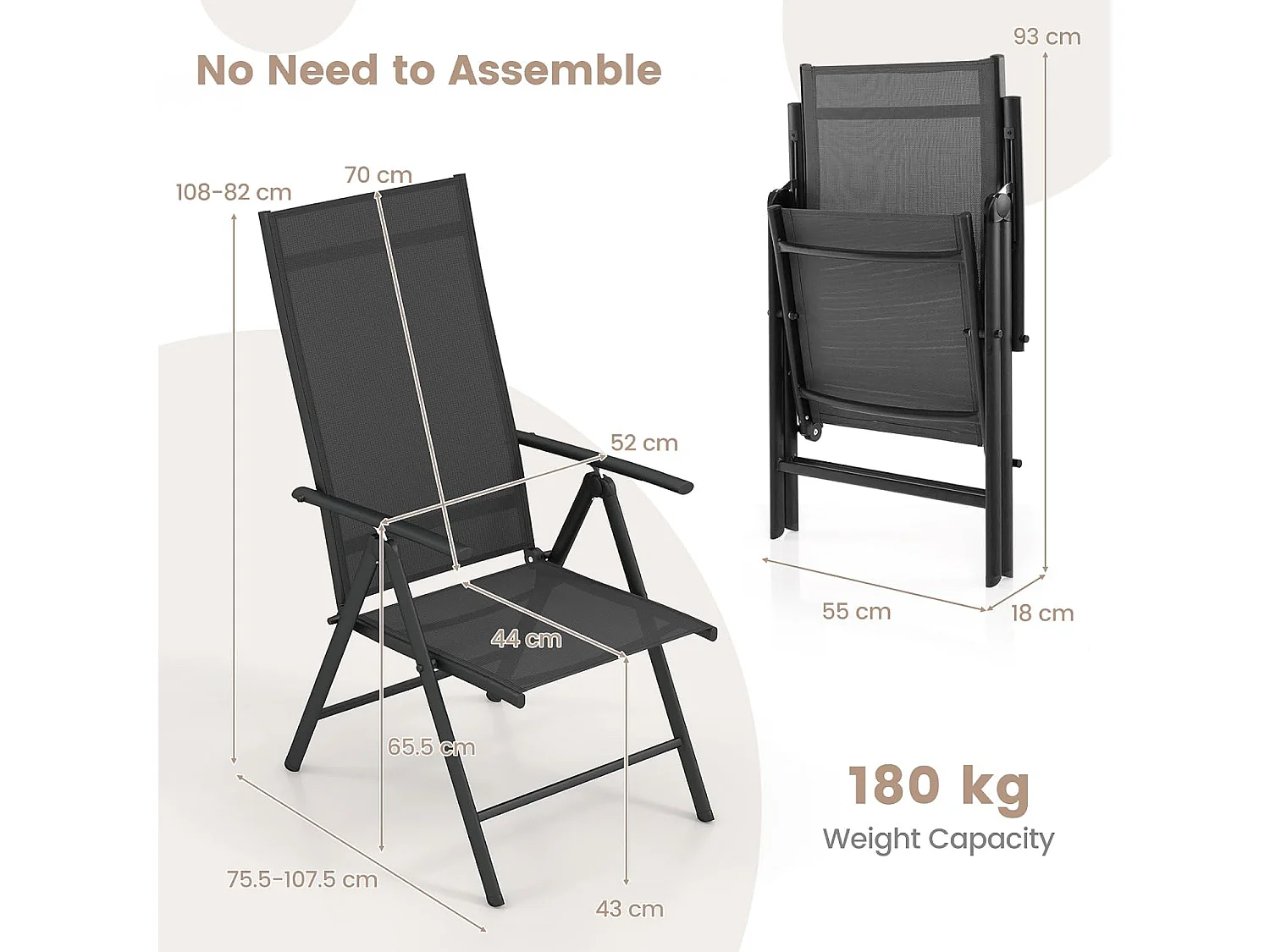 Chaise de Jardin Pliante avec Cadre Métallique, Fauteuil d’Extérieur avec Dossier Réglable sur 7 Positions, Chaise de Salle à Manger, Charge 180 KG (Noir,1)