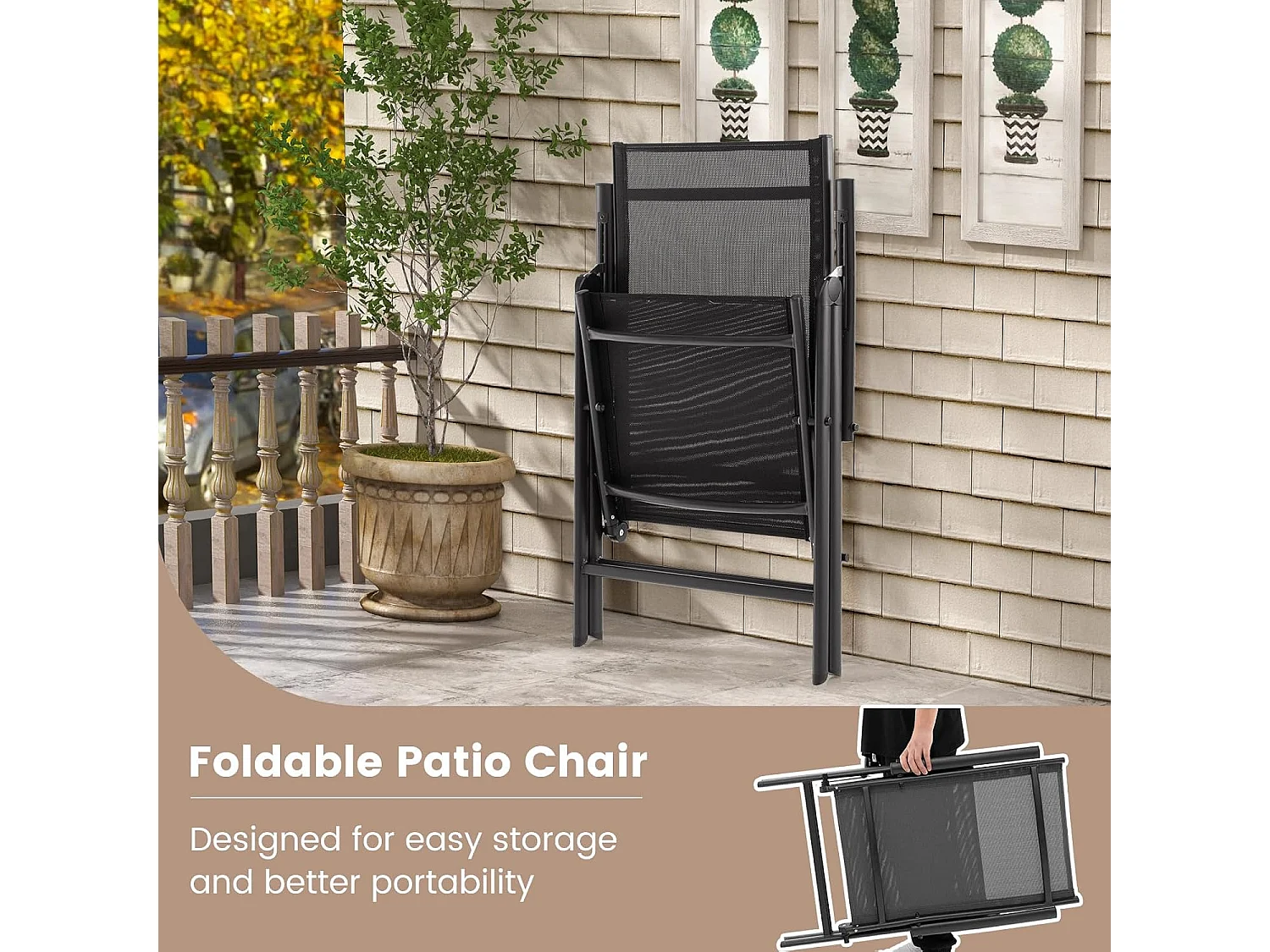 Chaise de Jardin Pliante avec Cadre Métallique, Fauteuil d’Extérieur avec Dossier Réglable sur 7 Positions, Chaise de Salle à Manger, Charge 180 KG (Noir,1)