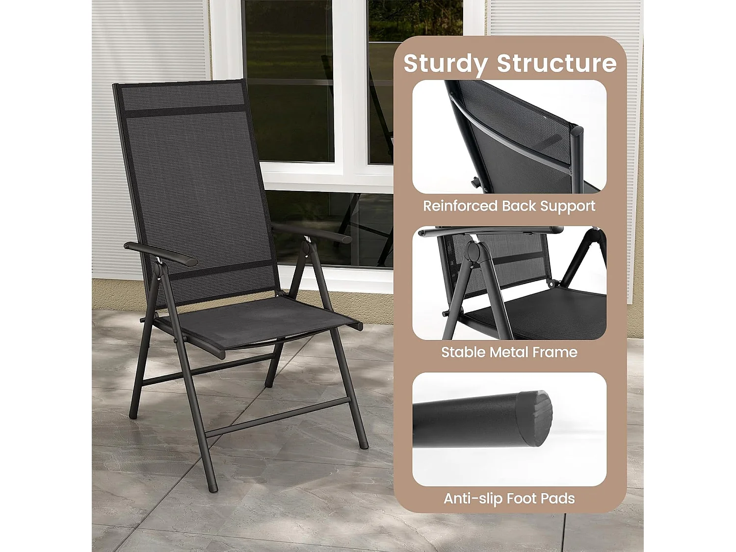 Chaise de Jardin Pliante avec Cadre Métallique, Fauteuil d’Extérieur avec Dossier Réglable sur 7 Positions, Chaise de Salle à Manger, Charge 180 KG (Noir,1)