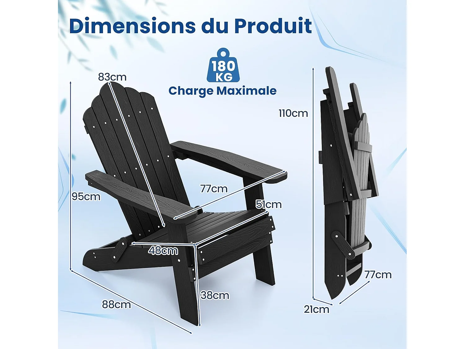 Fauteuil Jardin Exterieur, Chaise Adirondack Pliable, Dossier Incliné, Vis en Acier Inoxydable, Chaise Longue HIPS, 88 x 77 x 95 cm, Charge 180 kg (Noir)